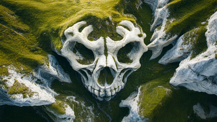 Rock formation resembling a giant dinosaur fossil embedded in a grassy field