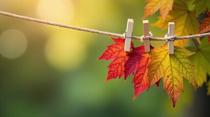 Obraz premium Autumn leaves on a clothesline, a gentle breeze, a serene moment of fall