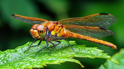 Fototapeta premium Vibrant orange dragonfly perched on a green leaf.
