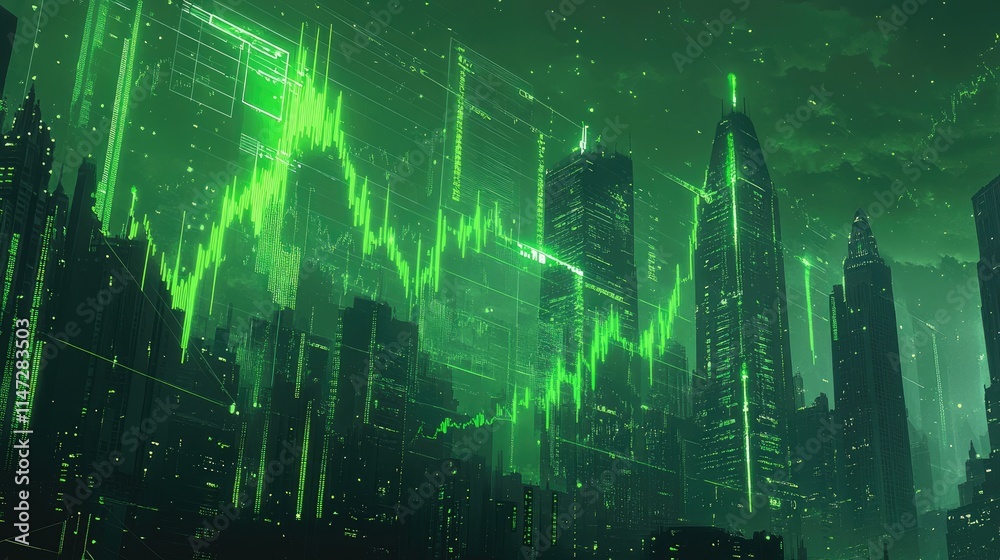 Poster a futuristic stock market graph in green, with trading data and digital currency symbols on a backdr