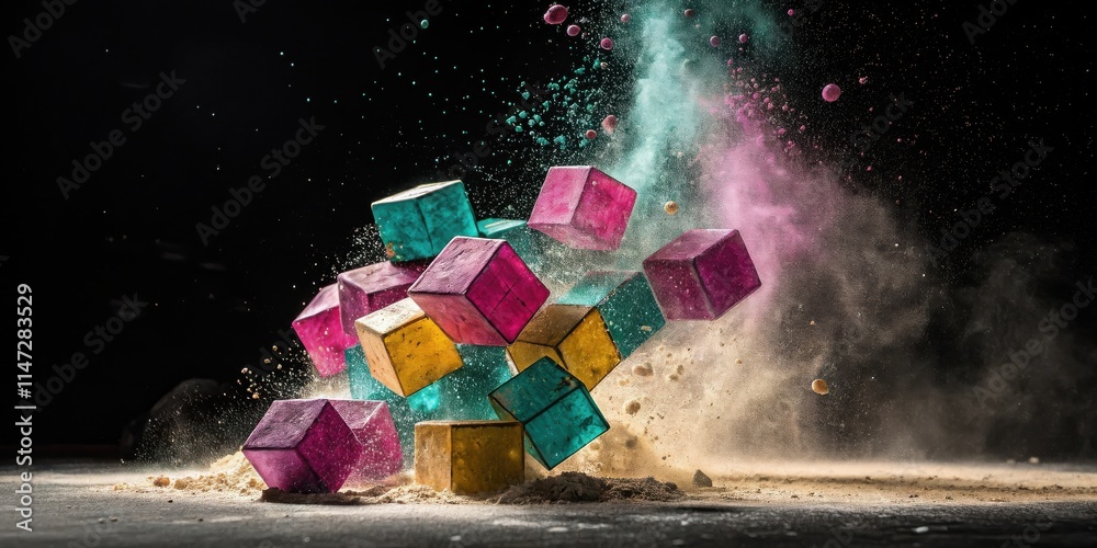 Aufkleber A burst of color and motion as colorful cubes collide and explode in a cloud of powder, creating a vibrant and dynamic visual spectacle.