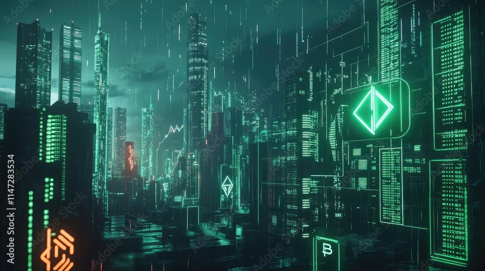 Poster a futuristic stock market graph in green, with trading data and digital currency symbols on a backdr