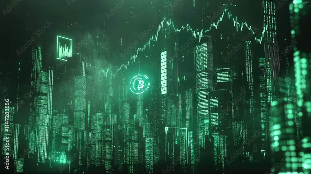 Poster a futuristic stock market graph in green, with trading data and digital currency symbols on a backdr