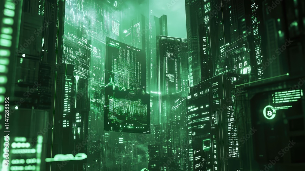 Poster a futuristic stock market graph in green, with trading data and digital currency symbols on a backdr