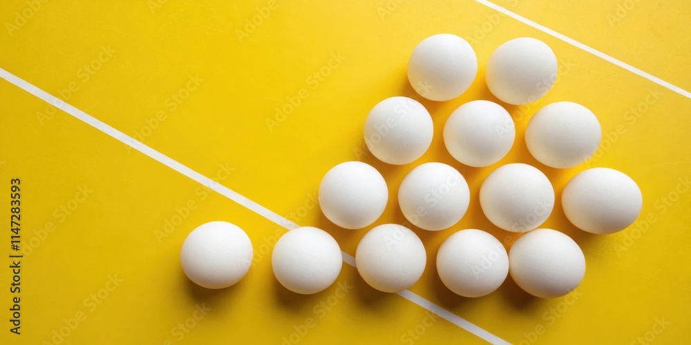 Poster A group of white spheres arranged in a triangle formation on a vibrant yellow surface with white lines running diagonally across the background.