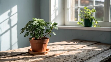 Fototapeta premium A potted plant with patterned leaves sits on a rustic wooden table, bathed in the warm glow of sunlight filtering through a nearby window.