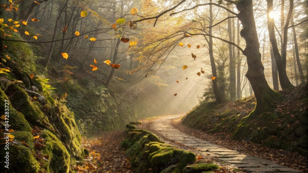 Poster Sunlight streams through a canopy of leaves, illuminating a stone path leading into a misty forest.