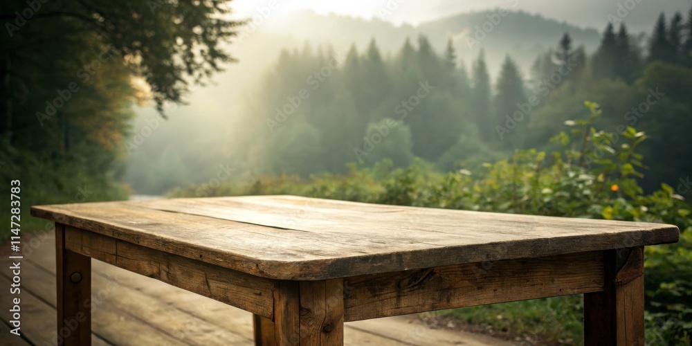 Poster rustic wooden table with a blurred forest background and the morning mist rising through the trees