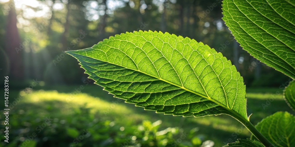 Poster a single leaf illuminated by sunlight, its veins like delicate threads in a tapestry of green