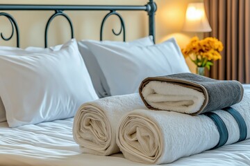 Comfortable white bed with neatly arranged pillows and folded blankets in soft lighting