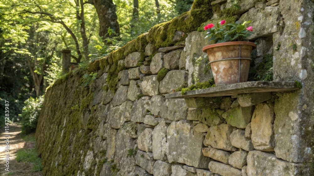 Poster a stone wall covered in moss and vines with a pot of flowers on a shelf