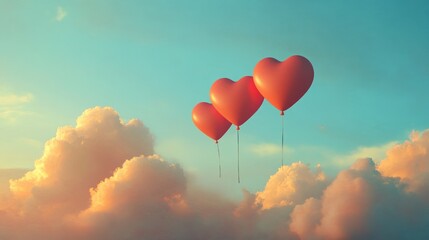 Fototapeta premium Three Heart Shaped Balloons Float Amongst Clouds
