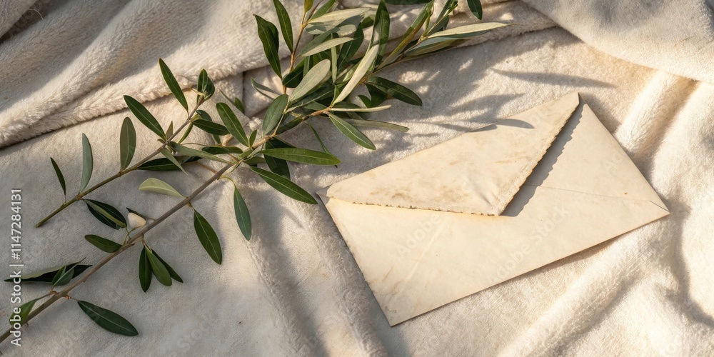 Poster a weathered envelope rests on a soft, textured fabric, adorned with the delicate leaves of a lush br