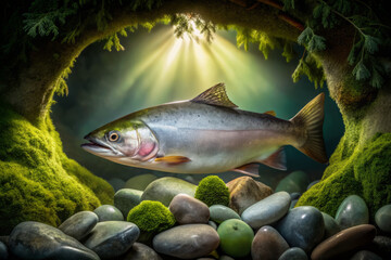high angle shot of delicate salmon swimming among smooth pebbles and lush greenery, illuminated by soft light, creating serene underwater atmosphere