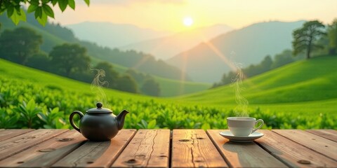Fototapeta premium Serene Sunrise Tea Ceremony A steaming cup and teapot rest on a rustic wooden table, overlooking a vibrant landscape bathed in the golden light of dawn.