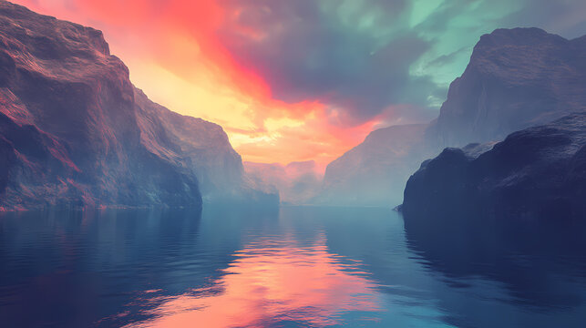 3d render, panoramic background. mysterious scenery with fiords under the colorful sky. seascape with calm water and cliffs. Fjordic. Illustration