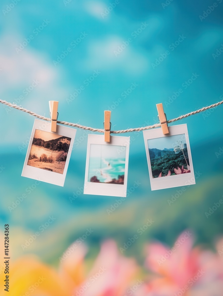 Poster hanging polaroid photos on a string with clothespins against a vibrant background of nature. generat