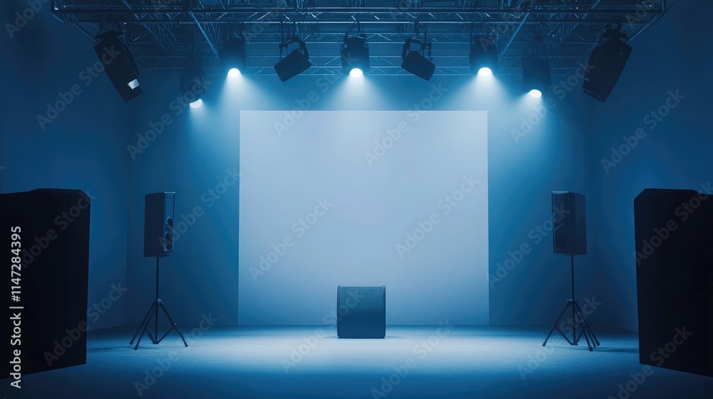 Poster a high-tech stage with a speaker suspended from a truss system, bathed in spotlights, set against a 