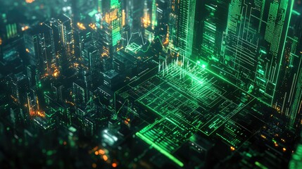 Fototapeta premium A high-tech green trading chart overlaid with a cityscape, showing stock market data, trading fluctuations, and digital graphs for a modern financial theme