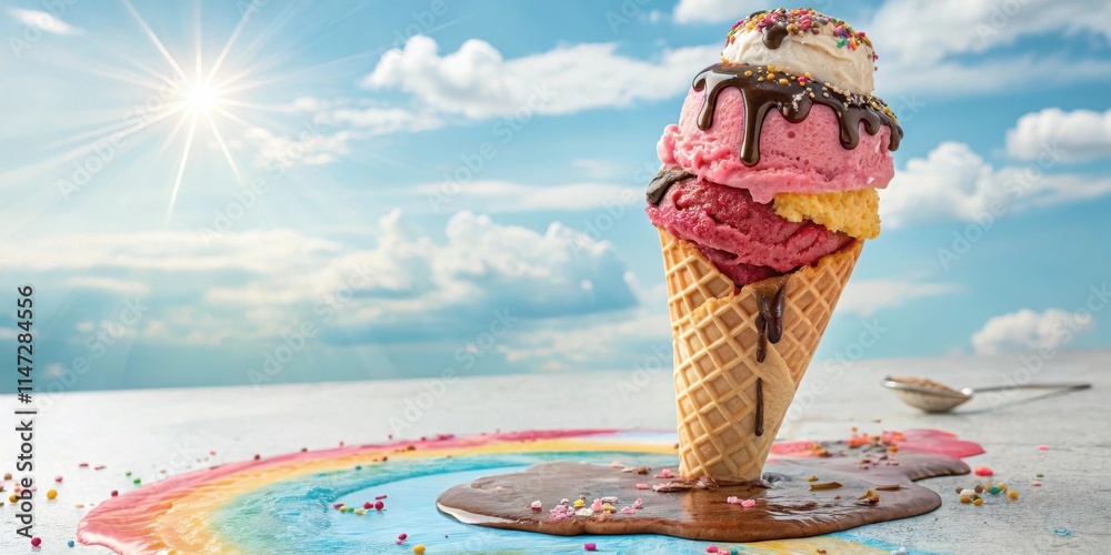Aufkleber a melting ice cream cone with sprinkles dripping onto a rainbow-colored surface against a blue sky b