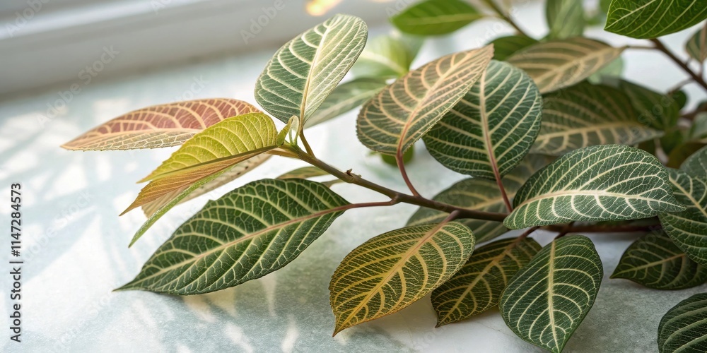 Poster Close-up of a Branch with Intricate Veined Leaves Displaying a Range of Green and Yellow Hues