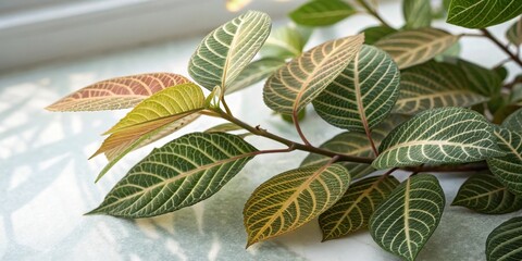 Obraz premium Close-up of a Branch with Intricate Veined Leaves Displaying a Range of Green and Yellow Hues