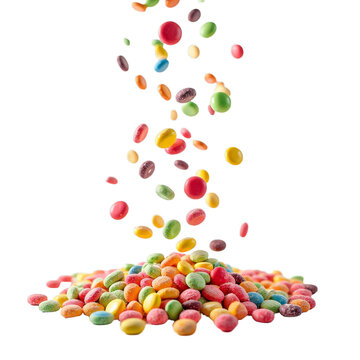 Multicolored candy pieces in midair against black background