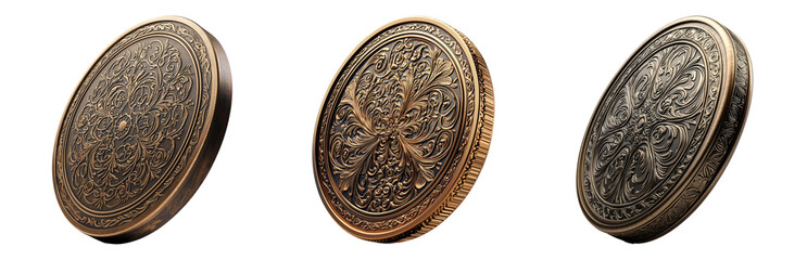 Ornamental Decorative Coins in Various Finishes Isolated on transparent background
