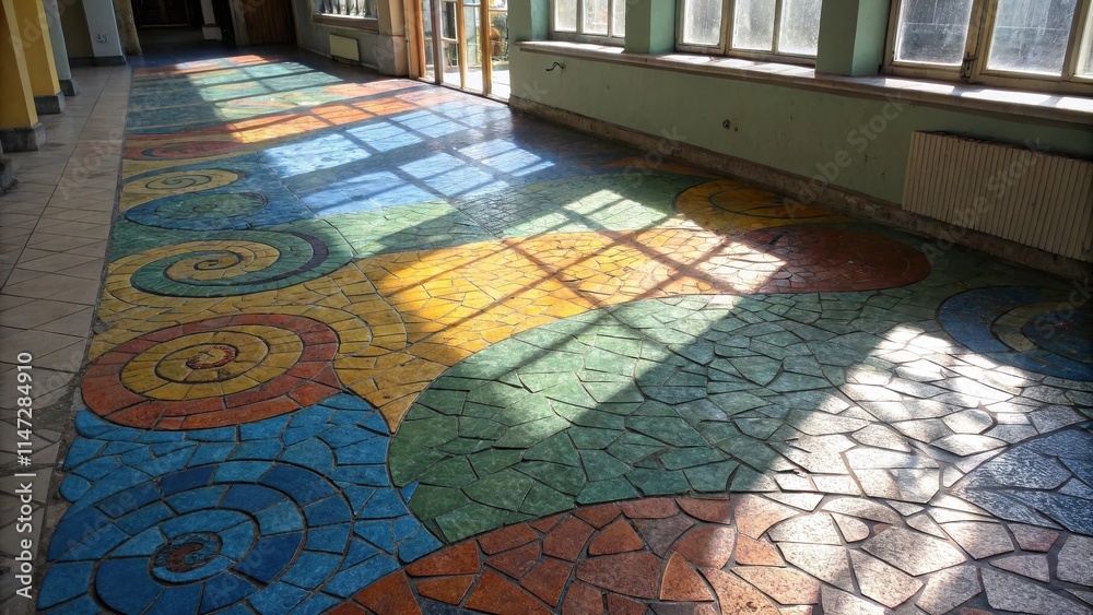 Poster Sunlight streams through windows, illuminating a colorful mosaic floor with geometric patterns and swirling designs.
