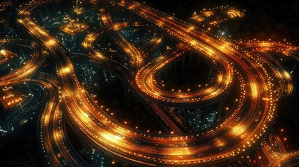 A night-time aerial perspective of an intricate highway system, with bright car lights and street lamps illuminating the curves and junctions of the roads