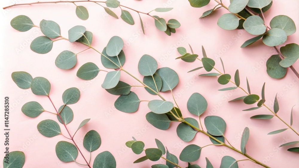 Poster a minimalist arrangement of eucalyptus leaves on a blush pink background, creating a subtle and eleg