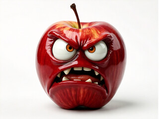 Angry Apple, 3D Furious fruit, Aggressive Expression, Isolated on White Background, glossy