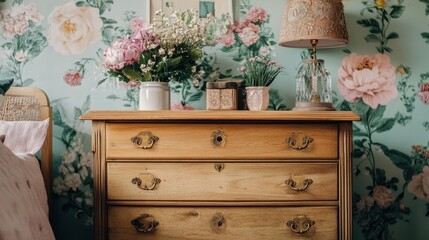 Wooden dresser with flowers and lamp against floral wallpaper