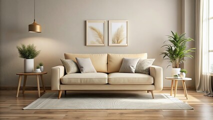 Modern minimalist living room: Cozy beige sofa anchors neutral décor, creating a serene atmosphere.