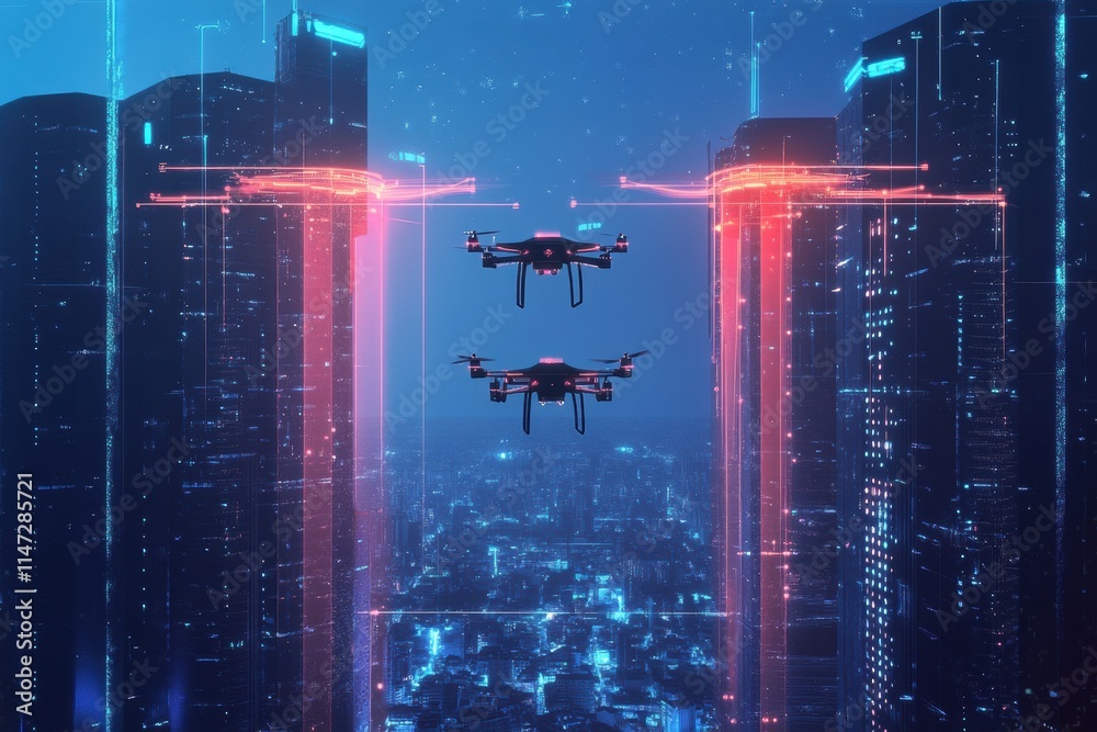 Fototapete Automated drones navigate a futuristic city skyline for delivery and monitoring at night. Generative AI