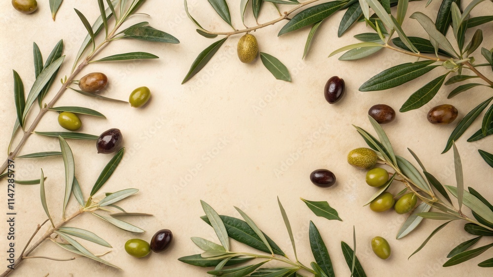 Aufkleber olive branches and olives arranged in a frame on a light beige background
