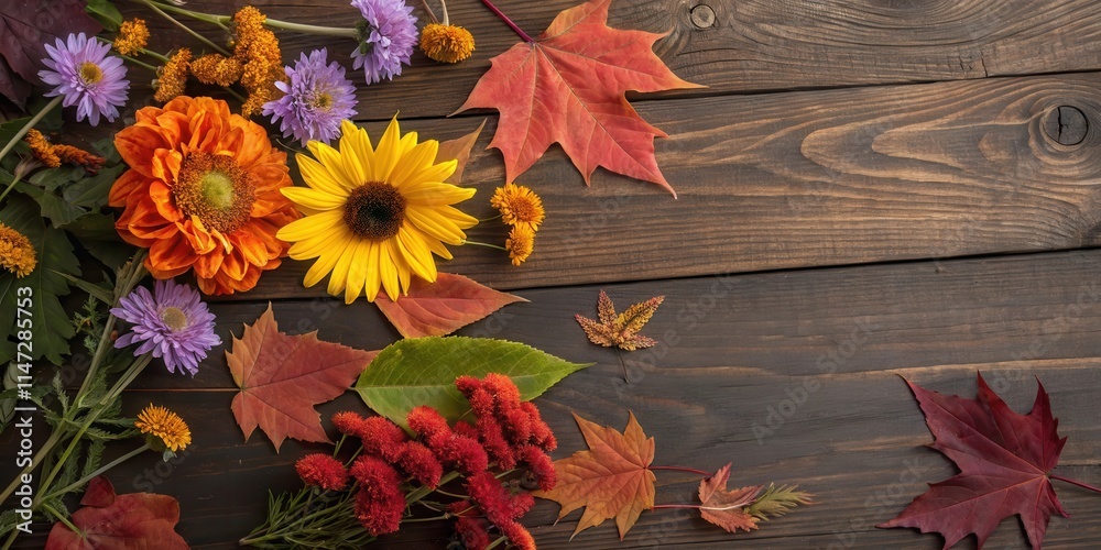 Poster a rustic wooden background adorned with vibrant autumn leaves and a medley of blooming flowers, crea