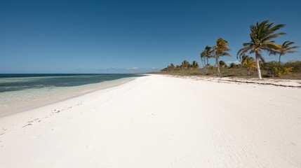 Pristine white sand beach with palm trees and clear turquoise water under a vibrant blue sky.