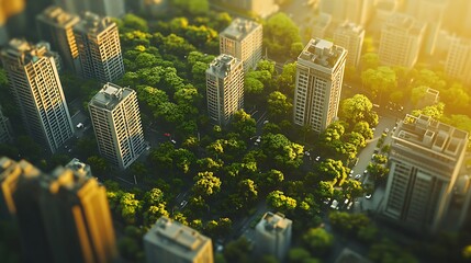 An aerial view of a bustling city center, with green trees dotting the streets and rooftops, emphasizing the contrast between nature and urban architecture in a well-planted city 