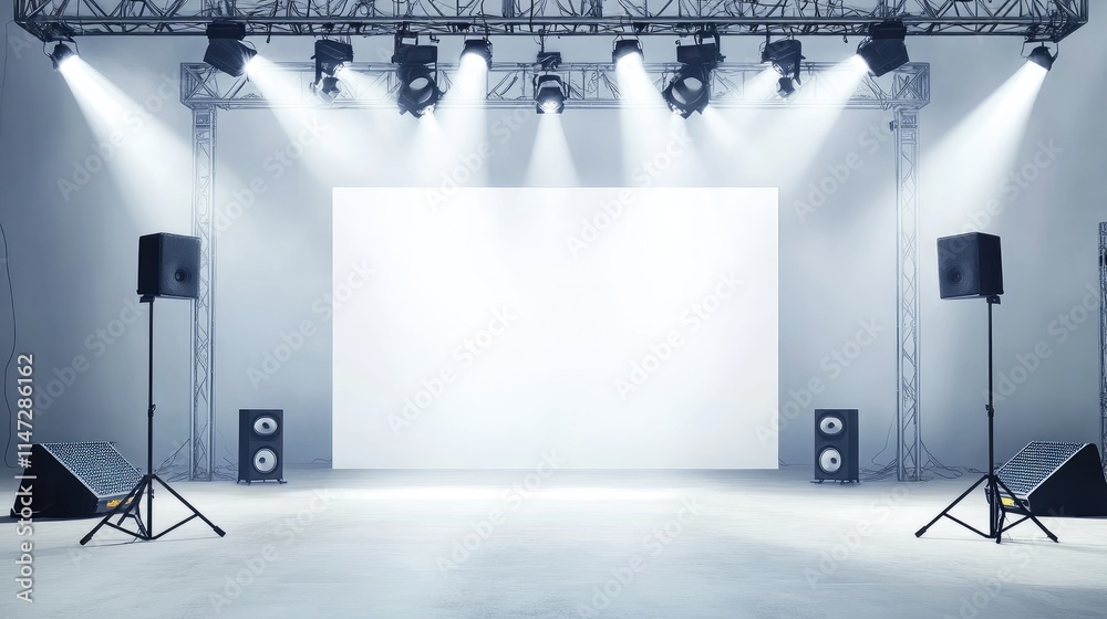 Poster A professional stage setup with spotlights and a speaker mounted on a truss system, highlighting a blank white backdrop, ready for a performance or presentation