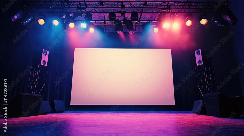 Poster A professional stage setup with spotlights and a speaker mounted on a truss system, highlighting a blank white backdrop, ready for a performance or presentation