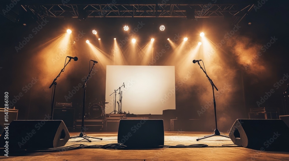 Poster A professional stage setup with spotlights and a speaker mounted on a truss system, highlighting a blank white backdrop, ready for a performance or presentation