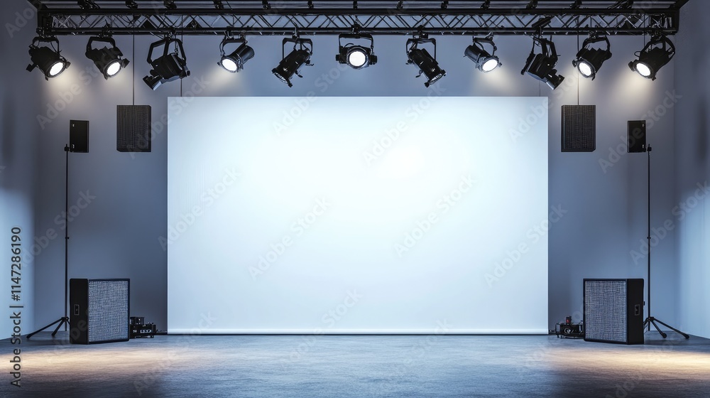 Poster a professional stage setup with spotlights and a speaker mounted on a truss system, highlighting a b