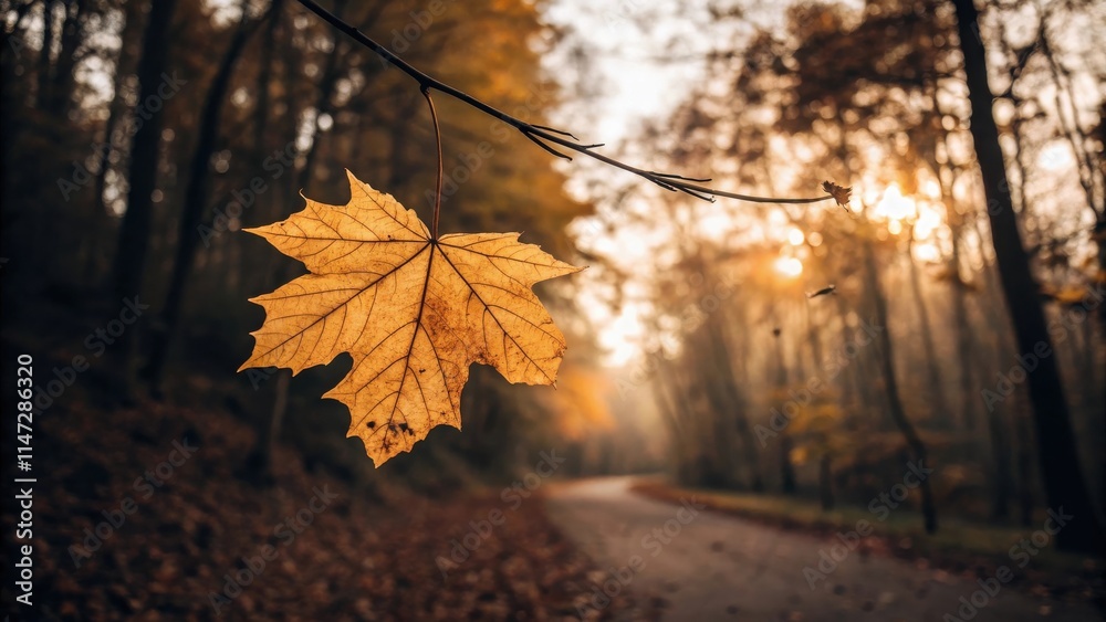 Poster a lone autumn leaf hangs delicately from a branch, bathed in the soft glow of the setting sun, casti