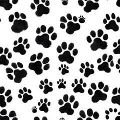 Hand drawn black poodle paw prints on white background 