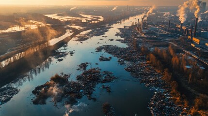 Fototapeta premium A river filled with industrial waste and plastic debris, polluted water reflecting the environmental dangers posed by contamination from factories and trash