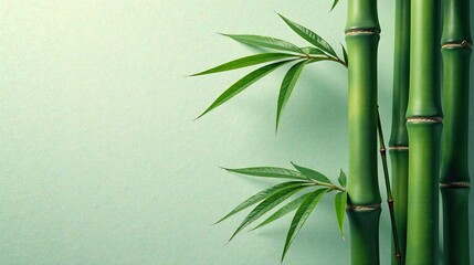 Fototapeta premium Serene Green Bamboo Stalks with Lush Foliage Against a Soft Mint Background
