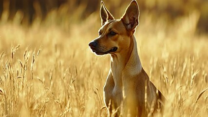 Dog relaxing in golden grass fields during a calm afternoon, showcasing the beauty of nature and companionship