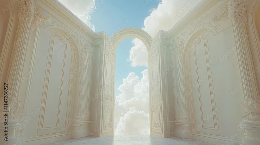 Poster a serene open door leading into the sky, with clouds visible through the doorway, evoking feelings o