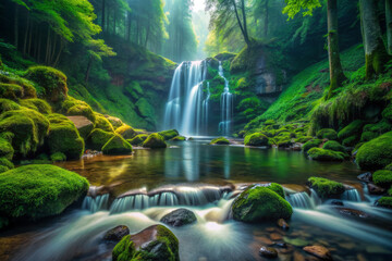 Obraz premium tranquil waterfall cascading down moss covered rocks, surrounded by lush greenery and serene waters. peaceful atmosphere invites relaxation and reflection